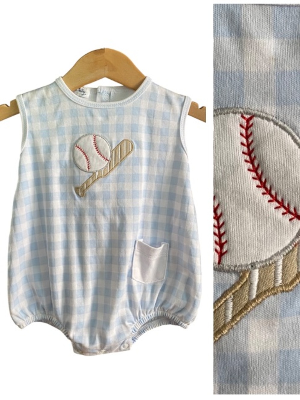 Magnolia Baby Blue Gingham Baseball Appliqué Bubble Romper 6 months